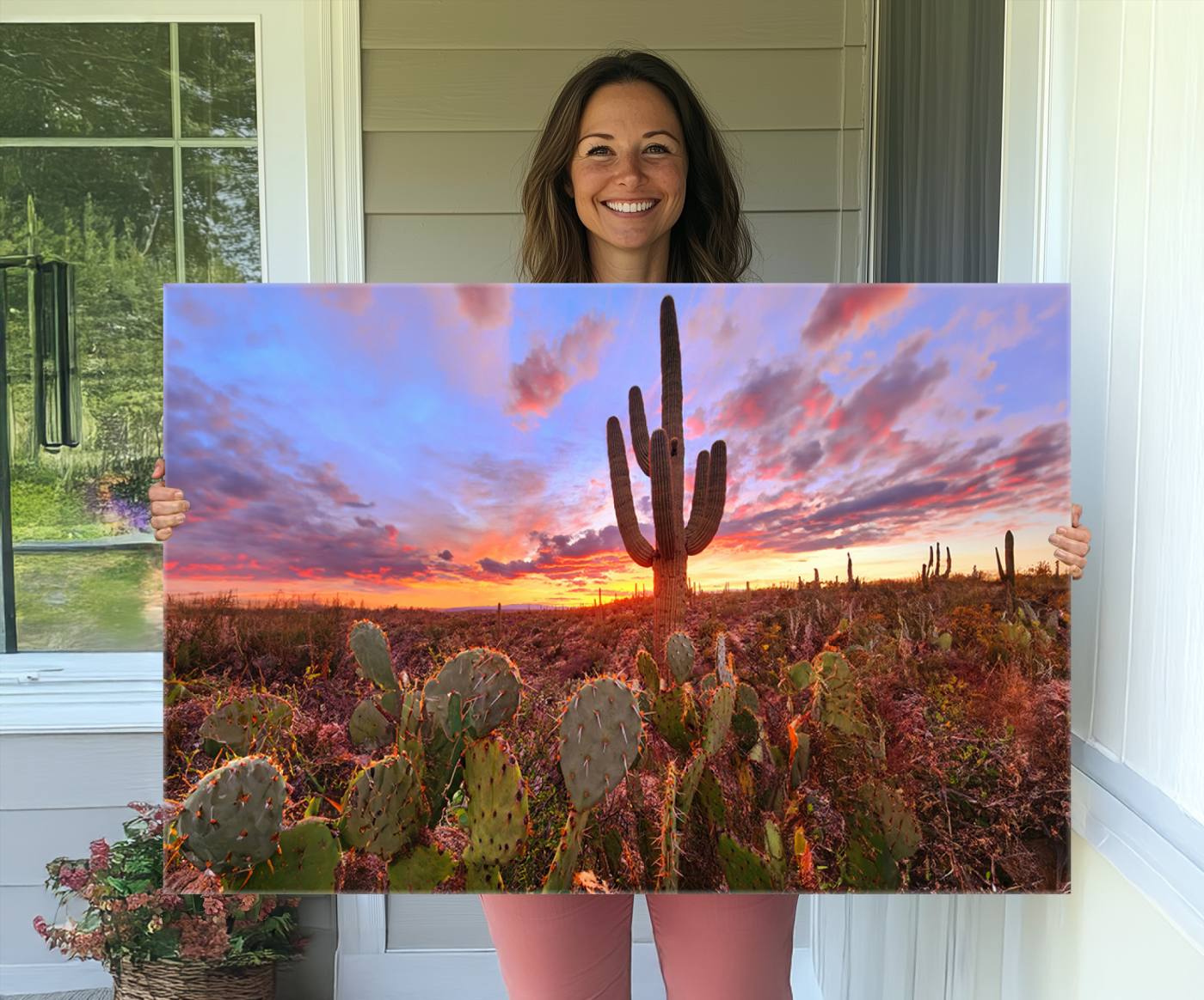 The Arizona Desert Sunset Wall Art Canvas Print hangs prominently.