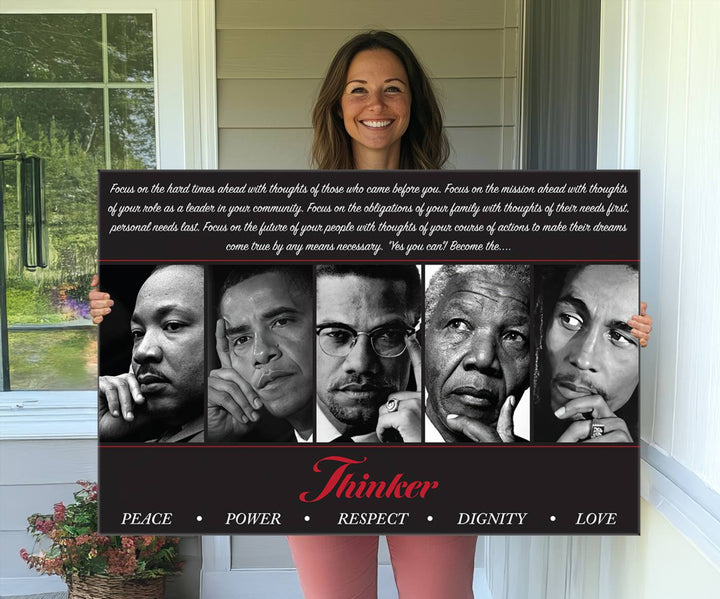 The Thinker Quintet Canvas Wall Art features portraits of Martin, Obama, Malcolm X, Mandela, and Marley, each representing virtues such as Peace and Power.