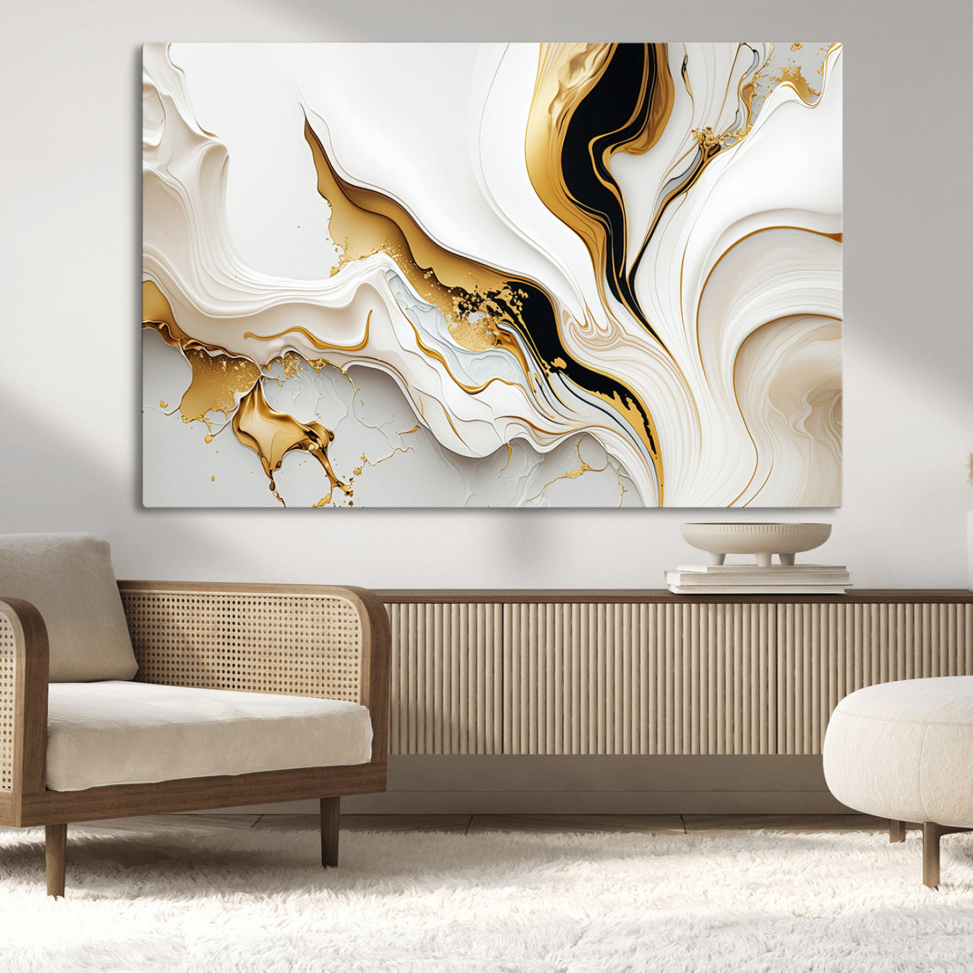-Gold Waves on Pure White Canvas – Gold Abstract Art for Modern Interiors | Wall Art Canvas, Framed &