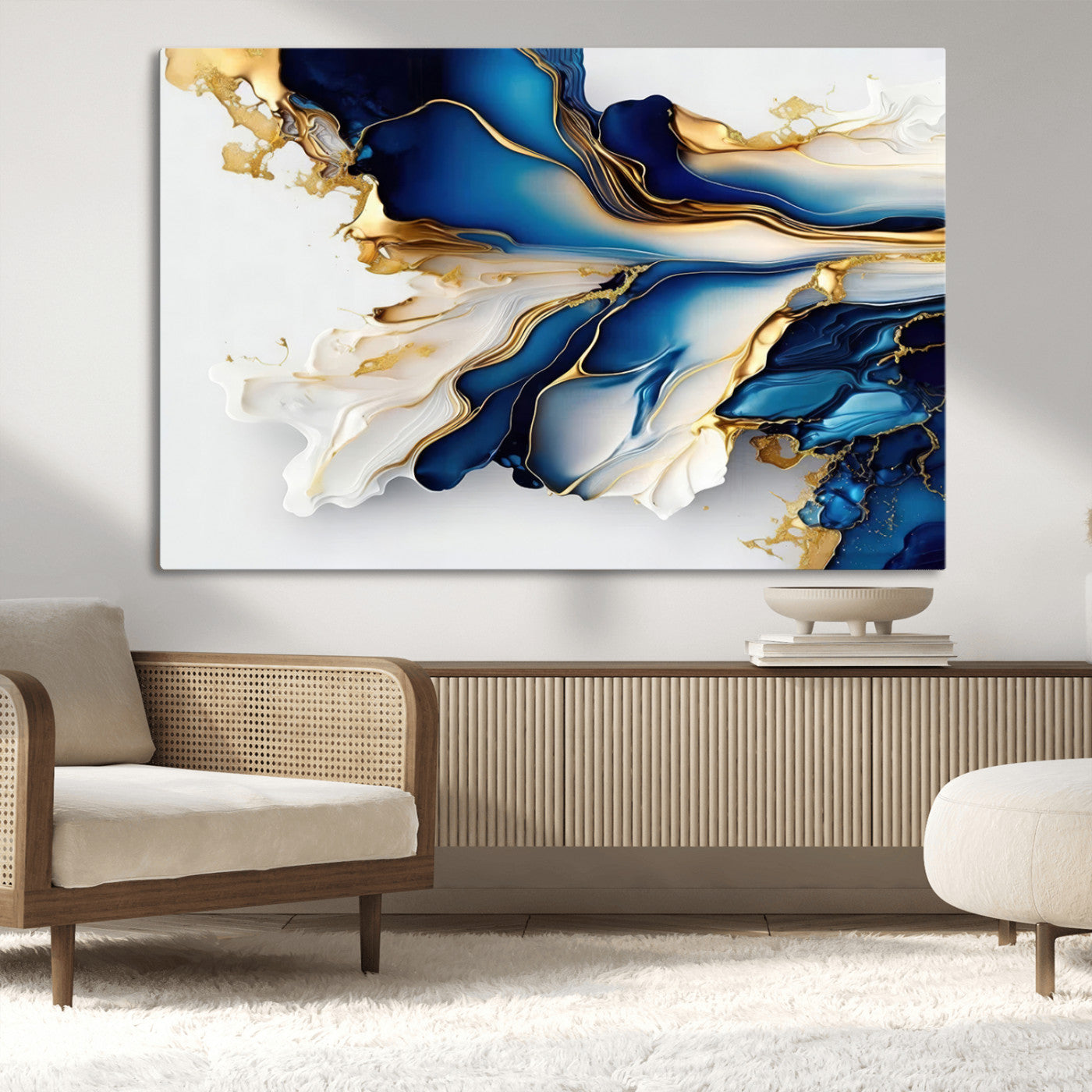 MGV-CV-36X24 - Gold Marble Art - Abstract Geode Gold And Blue Marble Shape 3 Pieces Wall Art Canvas Print