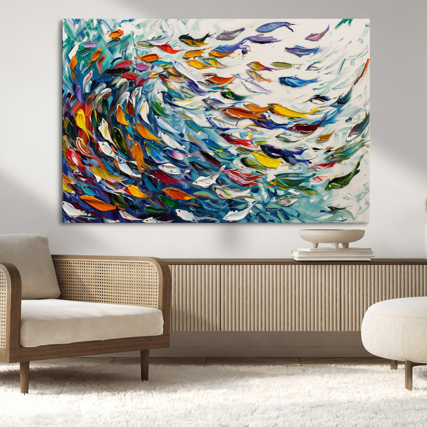 MGV-CV-36X24 - Modern Abstract Fish Shoal Wall Art Canvas Print, Colorful Fish Herd Painting on Canvas Print, Ocean