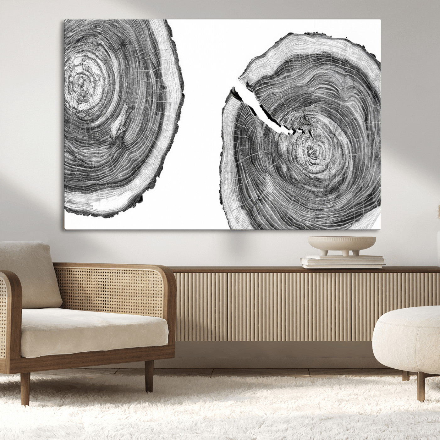 MGV-CV-36X24 - Modern Black and White Tree Rings Canvas Wall Art – Nature Inspired Wood Slice Print – Minimalist