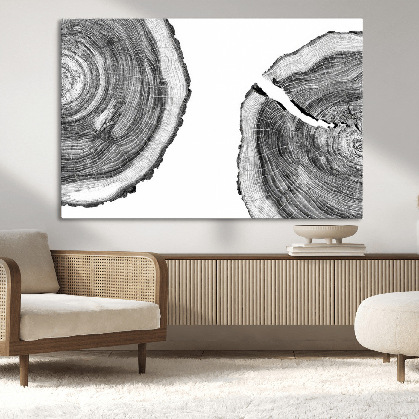 MGV-CV-36X24 - Abstract Large Tree Rings – Minimalist Black and White Wood Art | Triptych Canvas, Modern Wall Decor