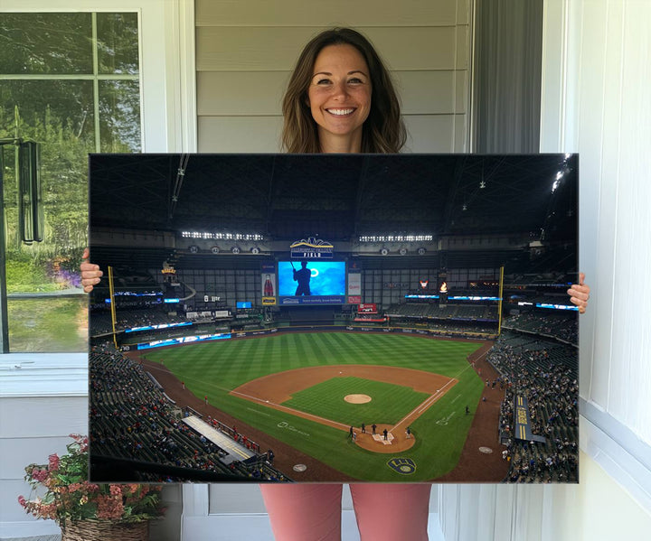 The Milwaukee Brewers stadium print on a green field stands out beautifully.