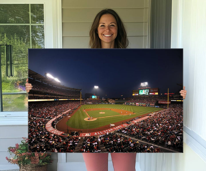 Aerial view of an LA Angels game at night, captured as stunning wall art on premium canvas, handmade in the USA.