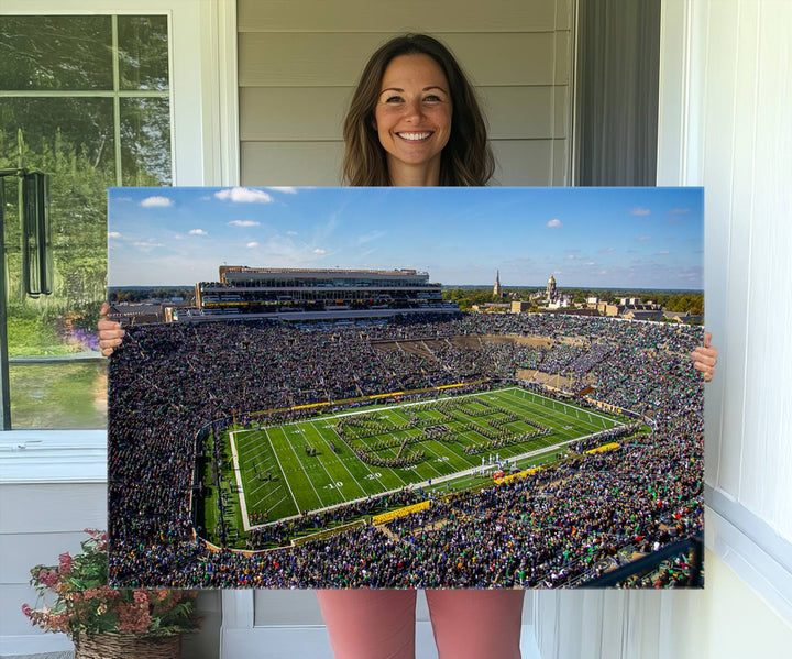 Aerial shot of packed stadium on green; Notre Dame Fighting Irish Stadium Wall Art Canvas Print.