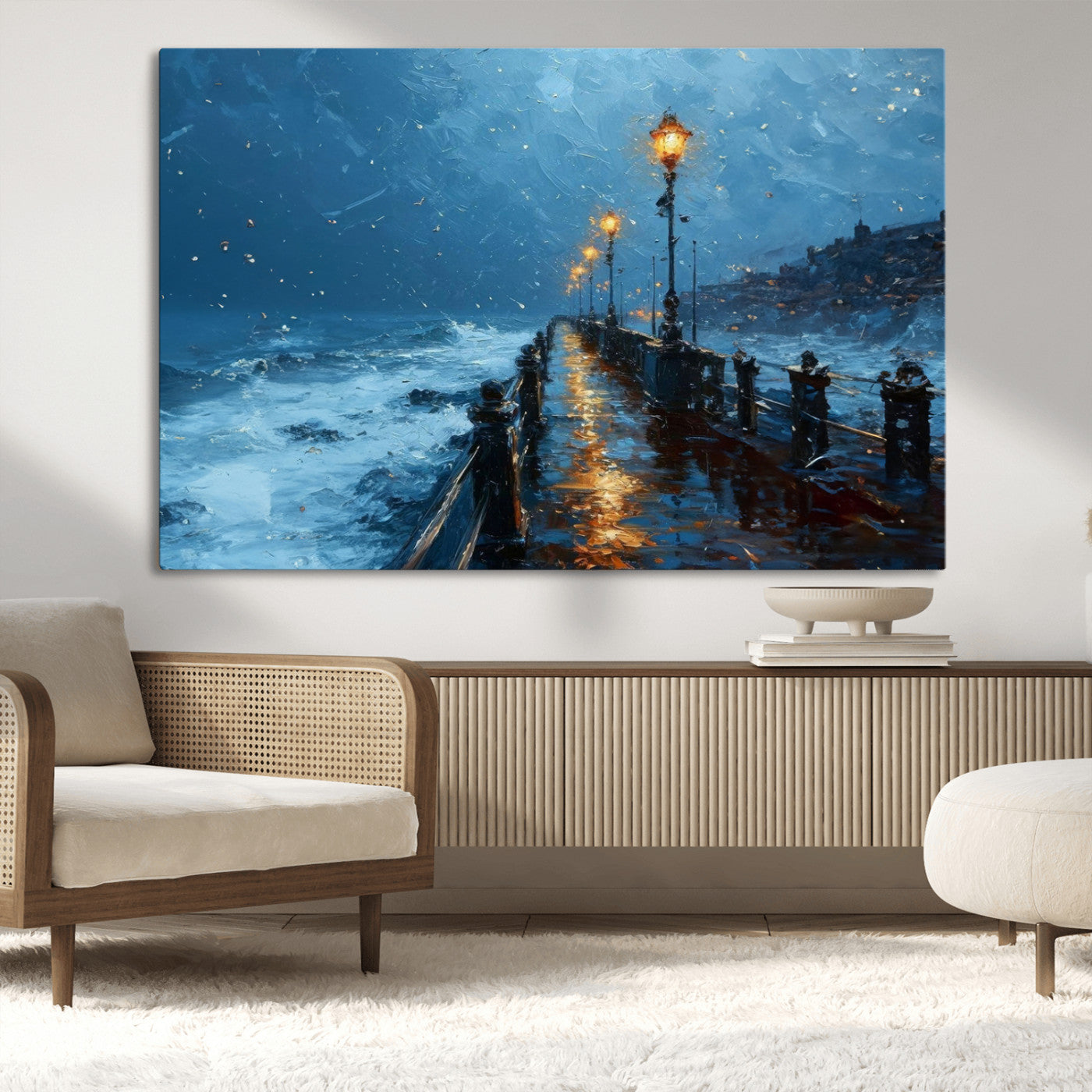 MGV-CV-36X24 - Stormy Night at Beach Pier Oil Painting Large Wall Art Print, Framed Canvas Nature Wall Decor,