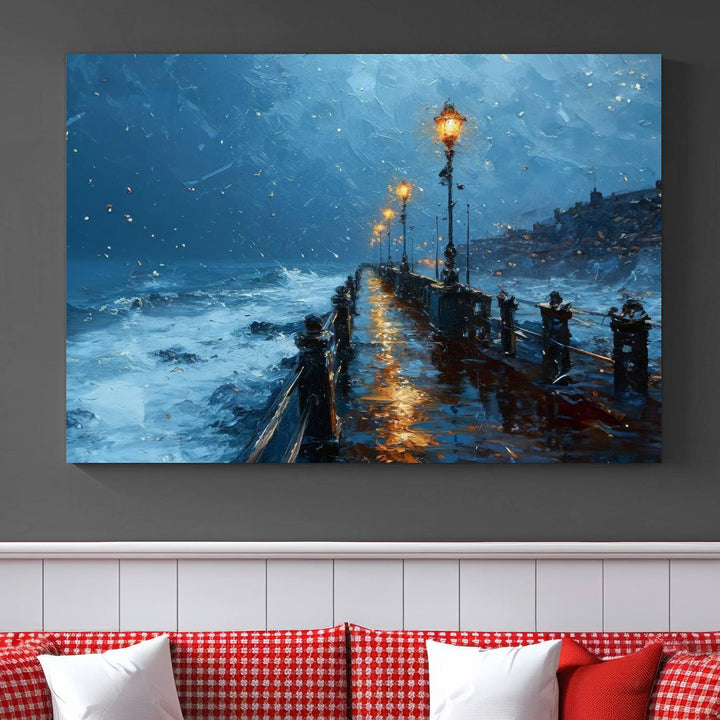 Framed 3-Panel Seaside Night Pier Oil Painting Canvas Wall Art | Ready to Hang Coastal Landscape Art for Modern Living Room, Office, or Bedroom Decor