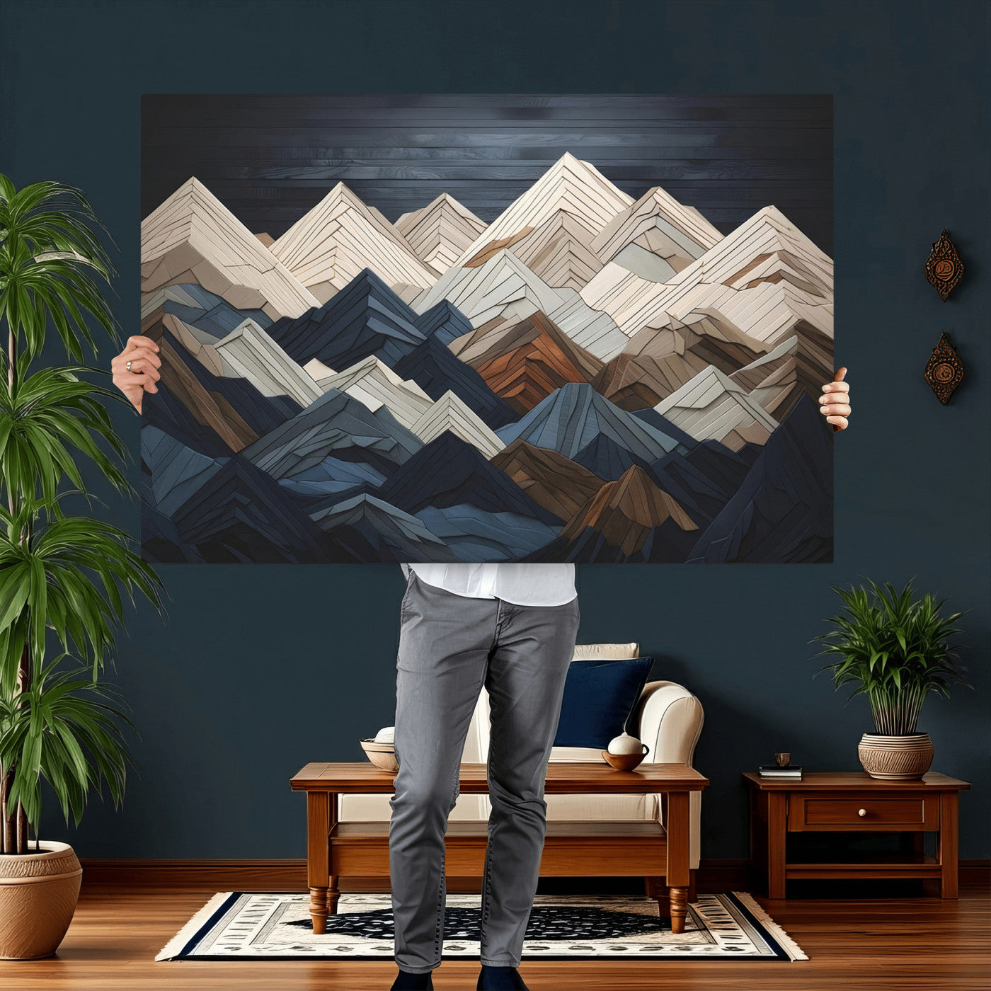 12896-MGV-CV-36X24 - Wood Mountain Range Wall Art - Ready to Hang 3-Piece Set for Modern Rustic Decor, Abstract Wooden