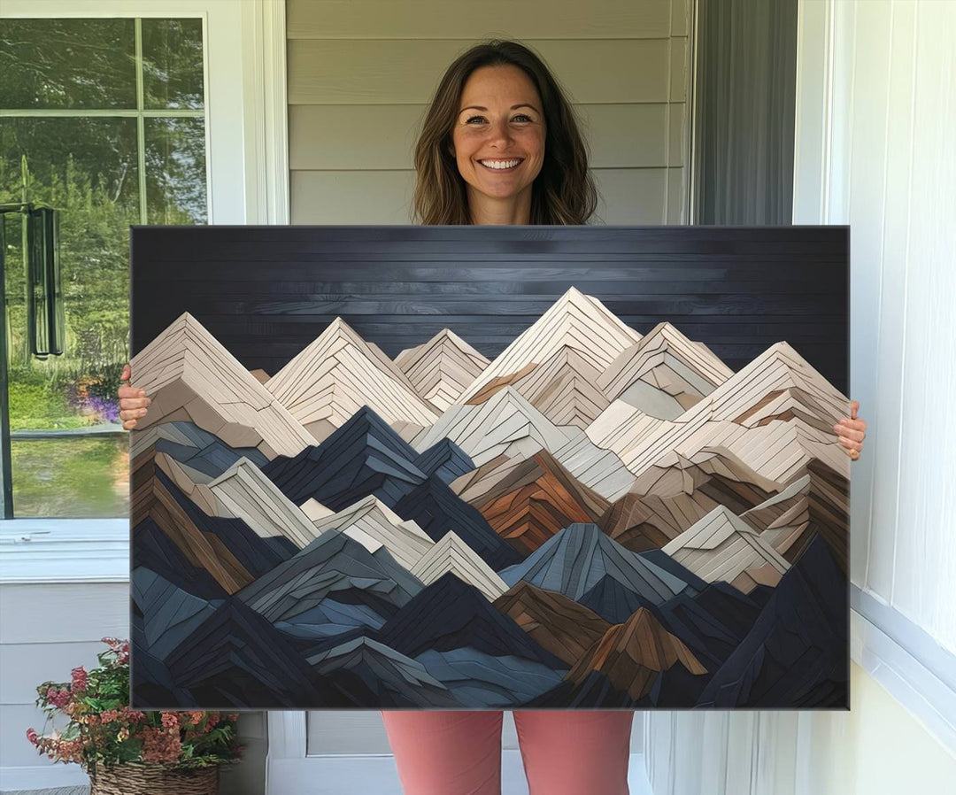 A geometric mountain range wood style wall art in shades of blue, gray, and brown; a 3-piece abstract set perfect for modern rustic decor.