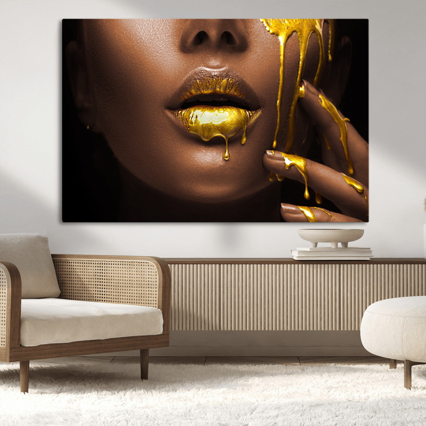 MGV-CV-36X24 - African American Art Black Woman Canvas Print, African Wall Art, Fashion African Woman Gold Lips