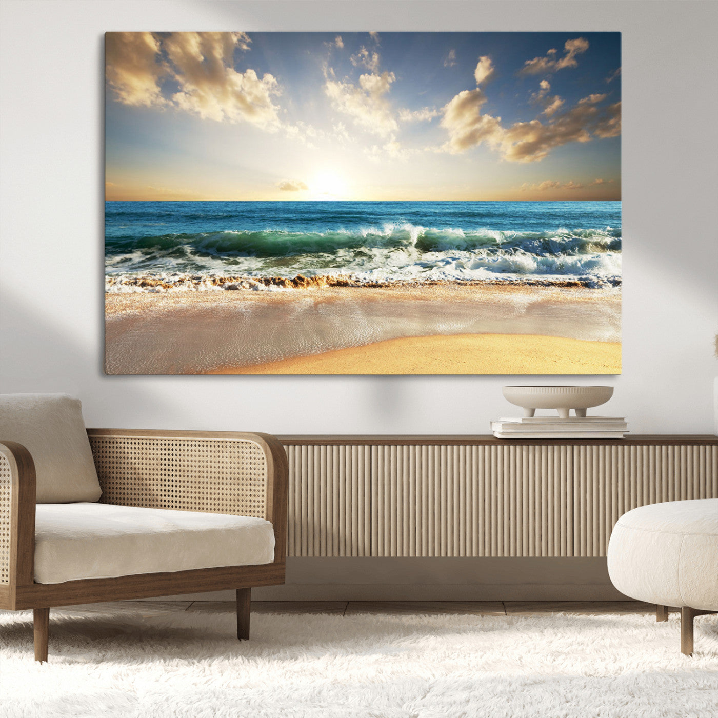MGV-CV-36X24 - Golden Sunset Beach Triptych Canvas Wall Art for Living Room – 3-Panel Ocean View, Framed & Ready to