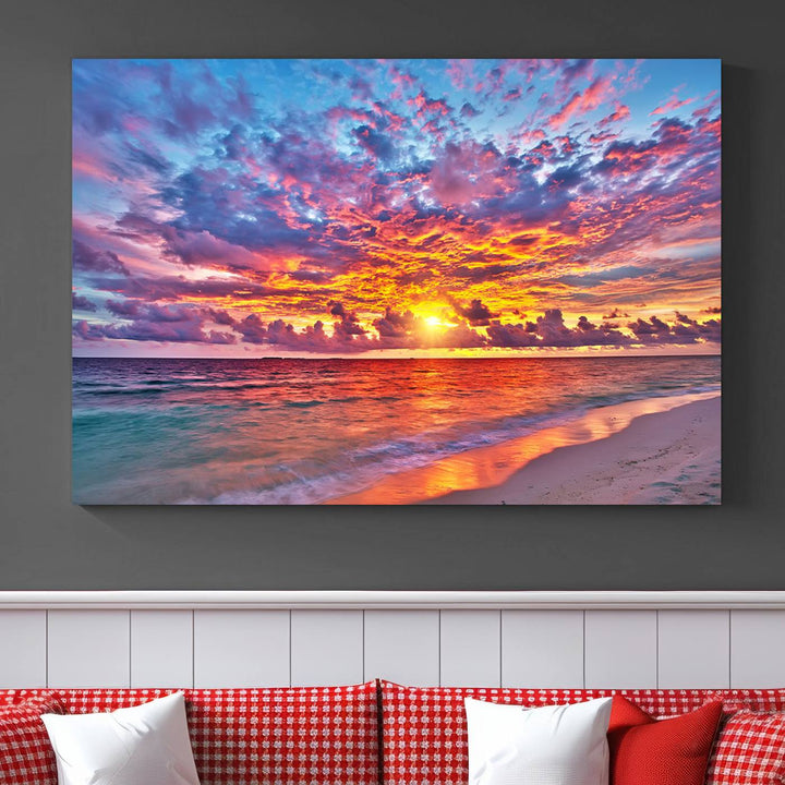 Vibrant Sunset Beach Wall Art | Ocean Sunset Canvas Print | Coastal Wall Art Decor | Ready to Hang | Stunning Sunset Scene for Home or Office Decor