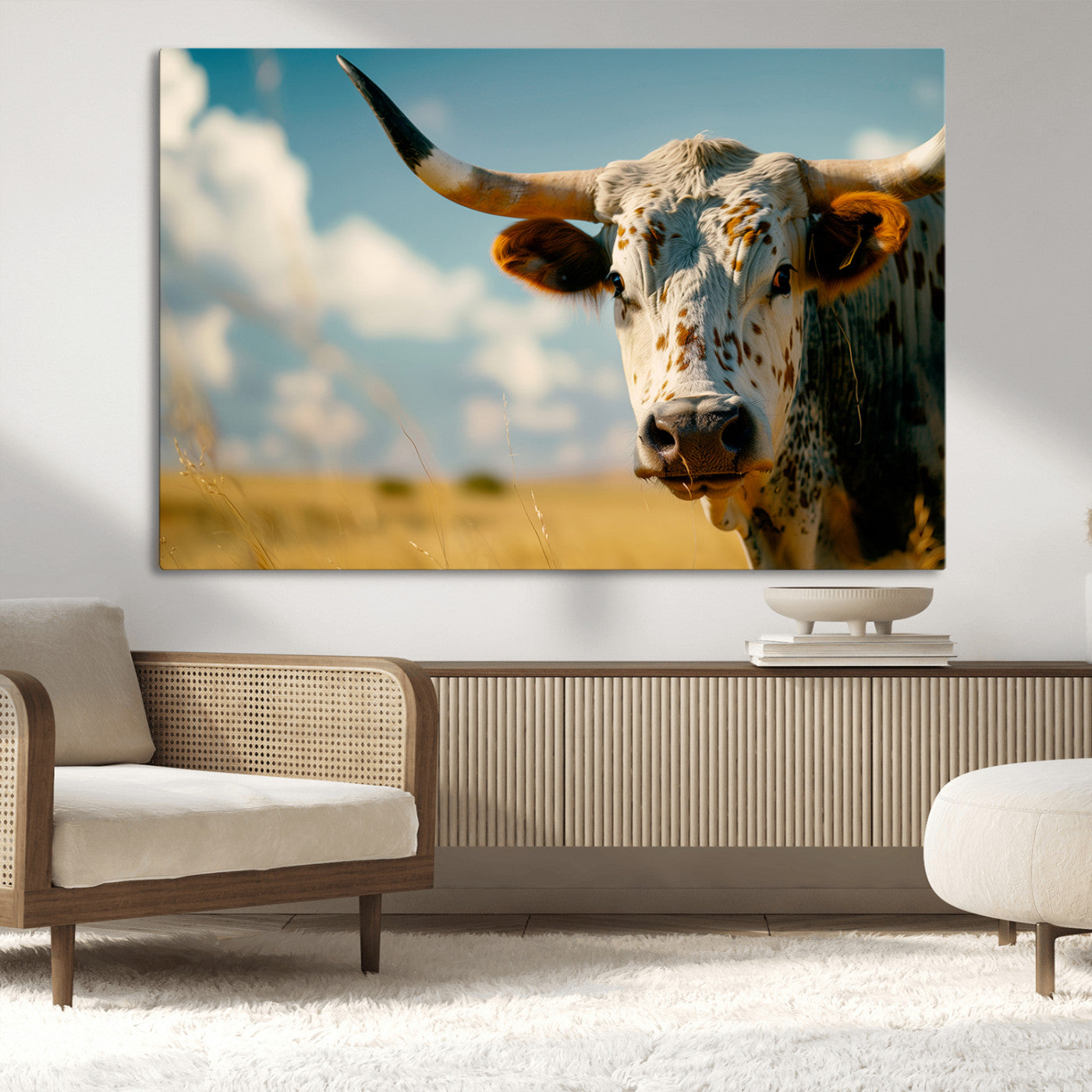 MGV-CV-36X24 - Longhorn in the Prairie - Stunning Ranch-Style Triptych Wall Art for Western Home Decor, Cowboy Wall