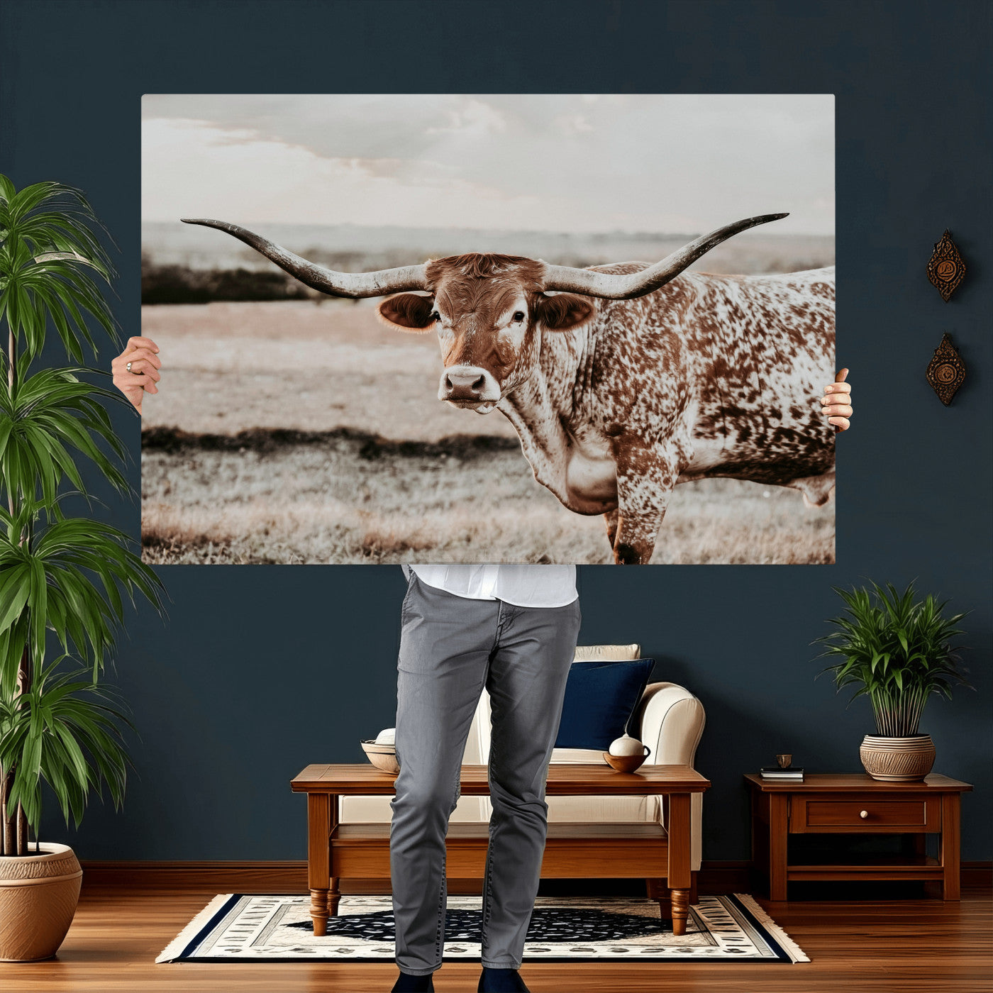 62910-MGV-CV-36X24 - Texas Longhorn Canvas Wall Art Print – Majestic Western Cattle in Rustic Farmhouse Decor – Cowboy Wall Decor