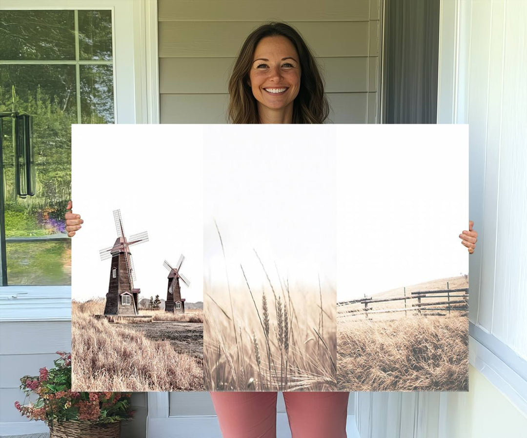 Farmhouse wall art set: 3 giclee canvas prints featuring windmills and wheat fields.