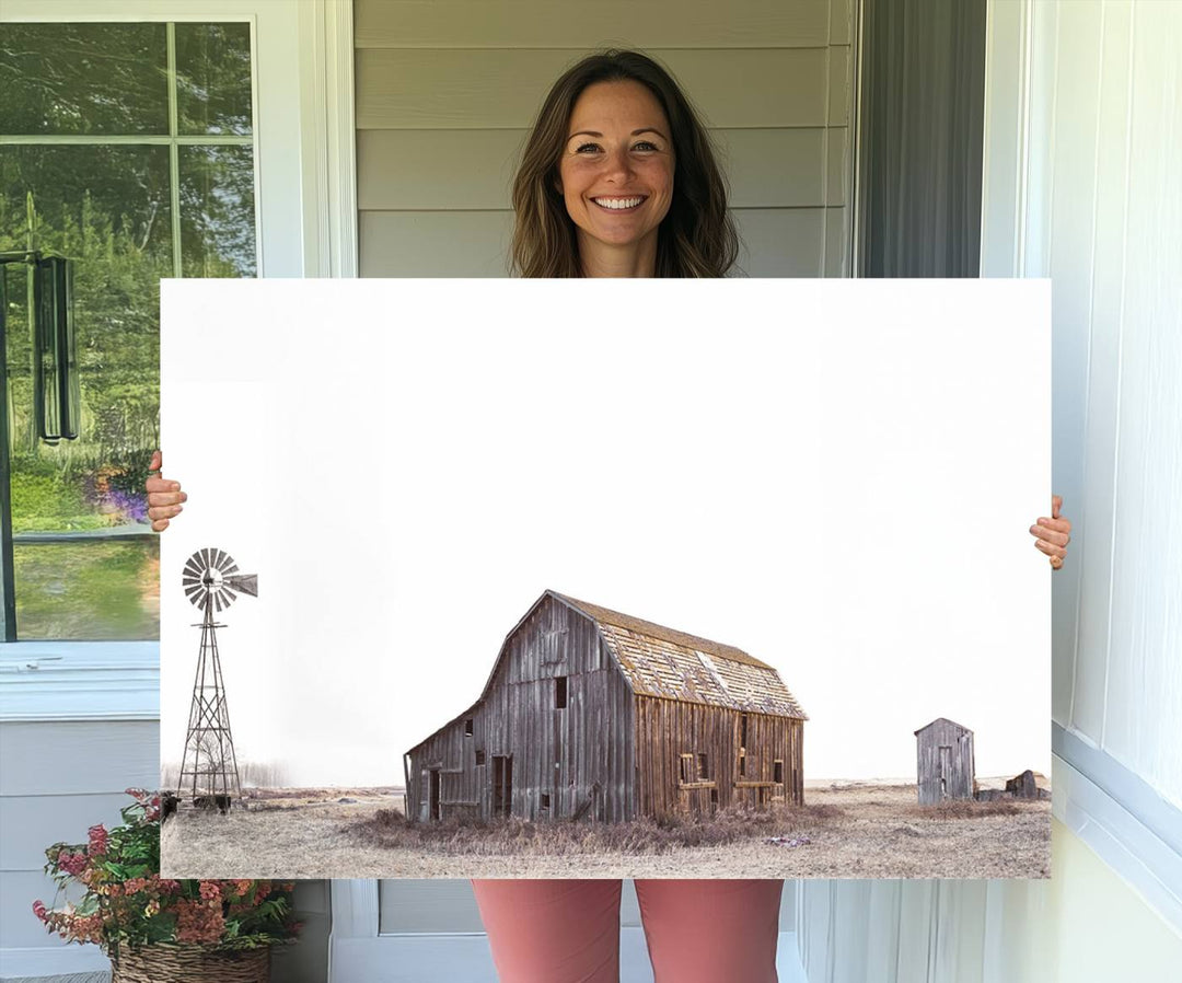 The Set of 3 Rustic Farmhouse Wall Art Prints features a barn, wheat field, and landscape.