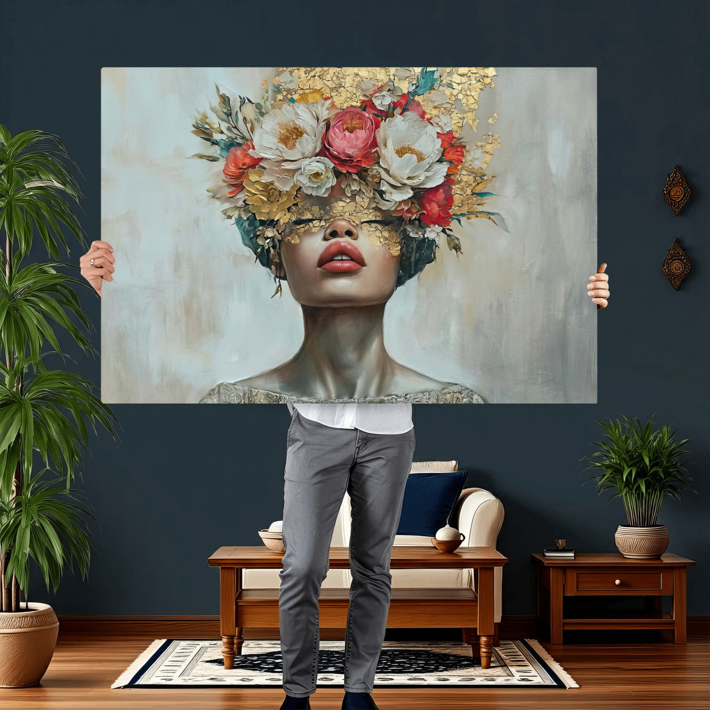 26919-MGV-CV-36X24 - Golden Petal Wall Art Canvas Print - Silhouette Woman Wall Art Canvas Print, Floral Woman Portrait