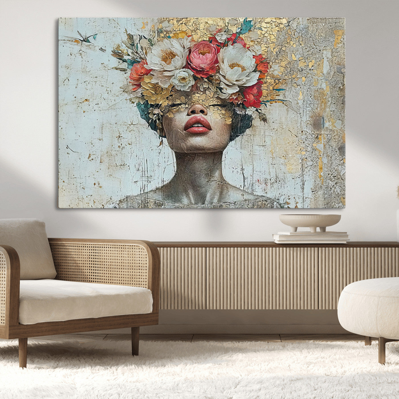 MGV-CV-36X24 - Golden Petal Wall Art Canvas Print - Silhouette Woman Wall Art Canvas Print, Floral Woman Portrait