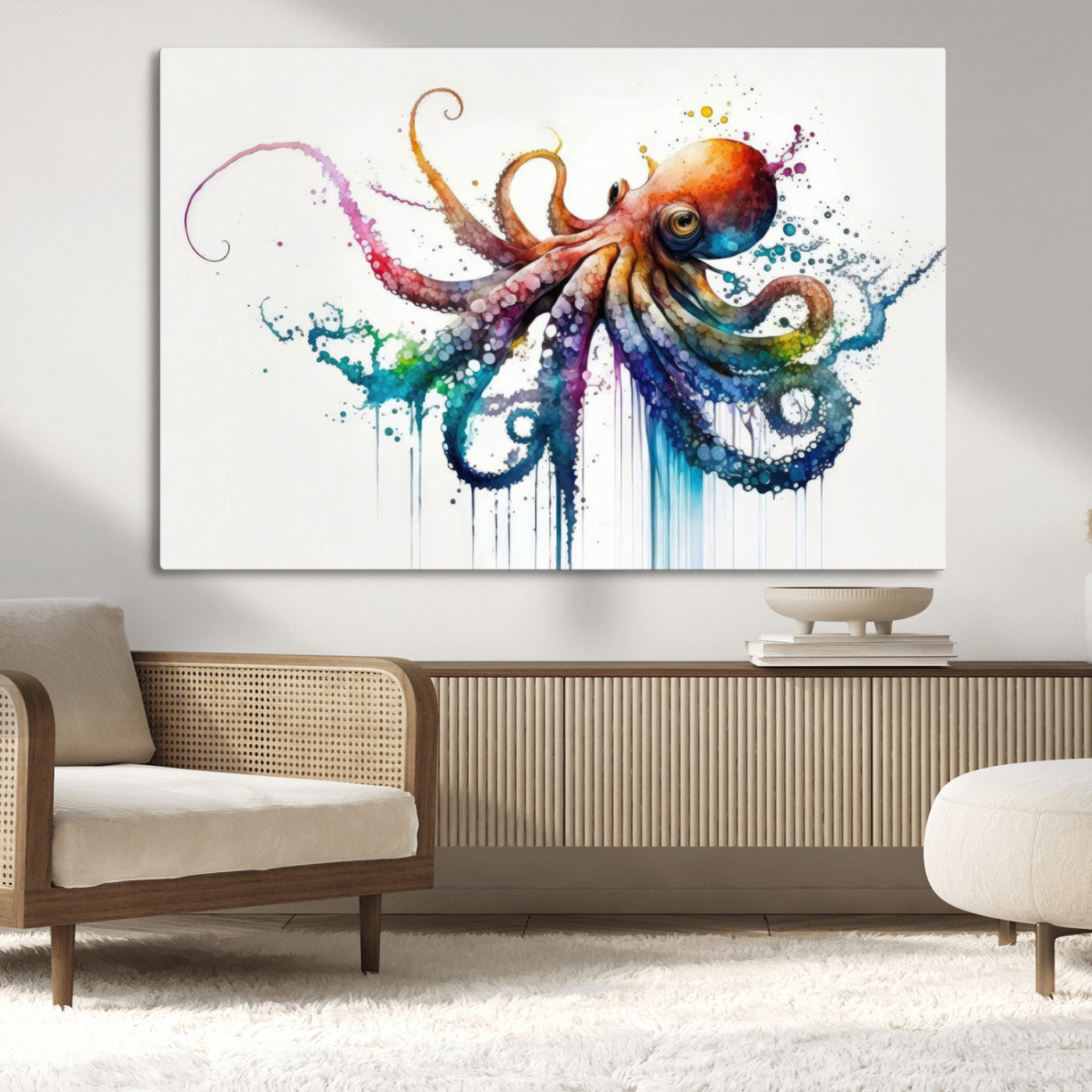 MGV-CV-36X24 - Watercolor Vibrant Octopus Wall Art Canvas Print | Abstract Sea Life Art | Colorful Marine Creature
