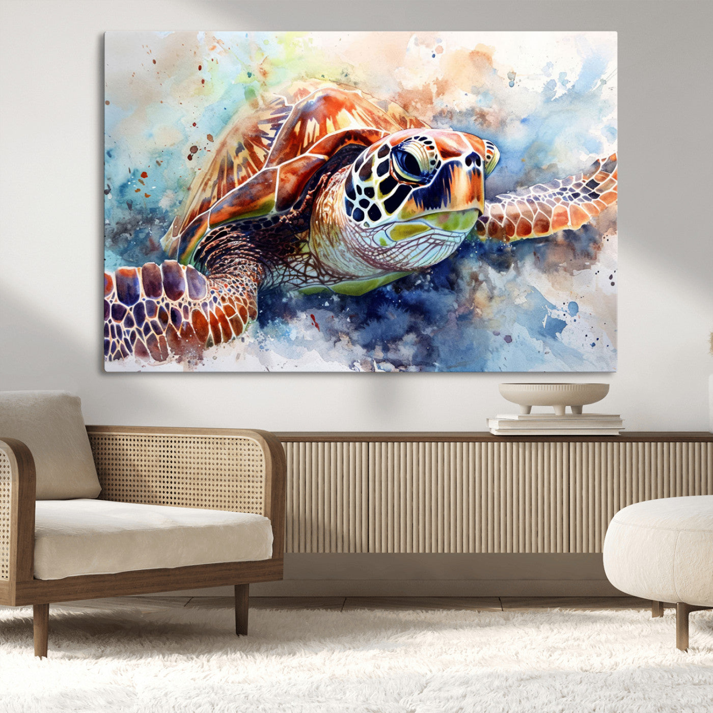 MGV-CV-36X24 - Watercolor Sea Turtle Wall Art Canvas Print - Vibrant Ocean Colors in Watercolor Style - Ready to