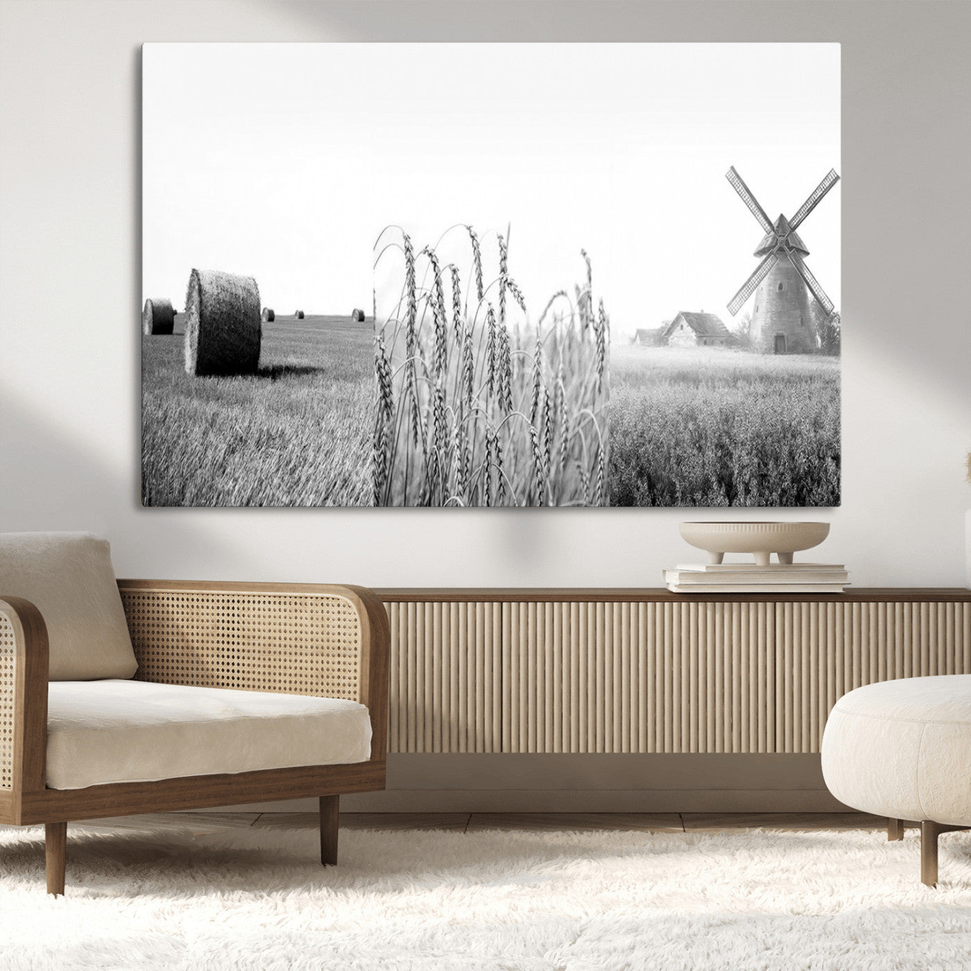 MGV-CV-36X24 - Vintage Farmhouse Black and White Triptych Wall Art – Giclee Canvas Featuring Wheat Fields, Hay