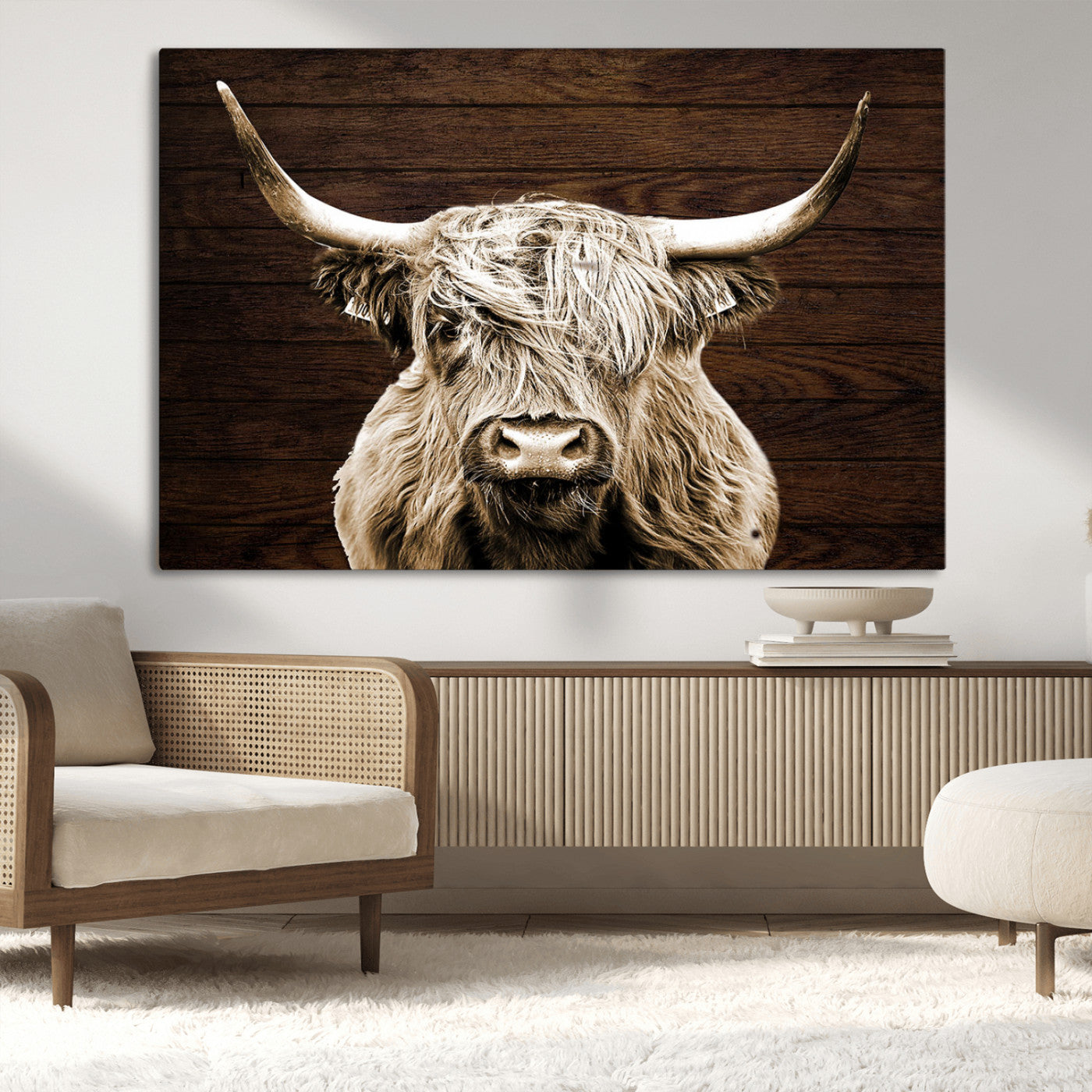 MGV-CV-36X24 - Highland Cow Wall Art Canvas Print, Rustic Farmhouse Decor, Majestic Scottish Highland Bull Portrait