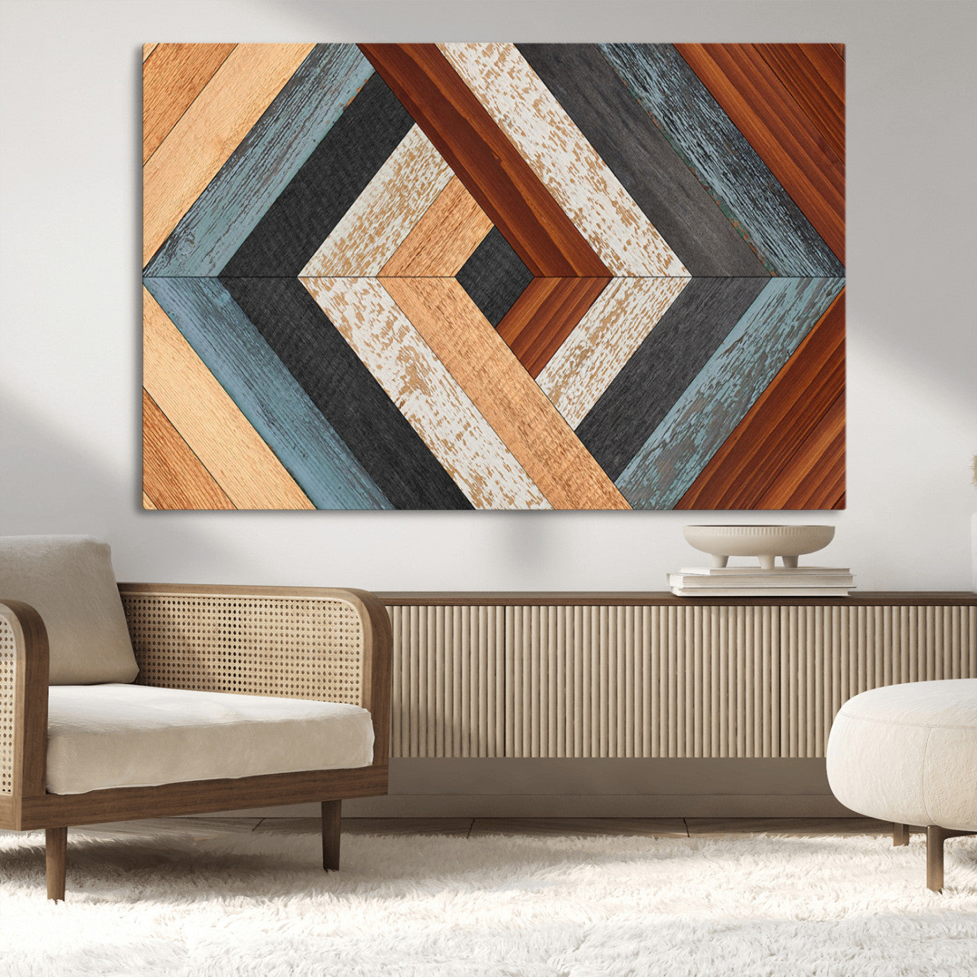 MGV-CV-36X24 - Geometric Wood Art Wall Decor Canvas Print, Rustic Wooden Pattern Triptych Wall Art for Living Room