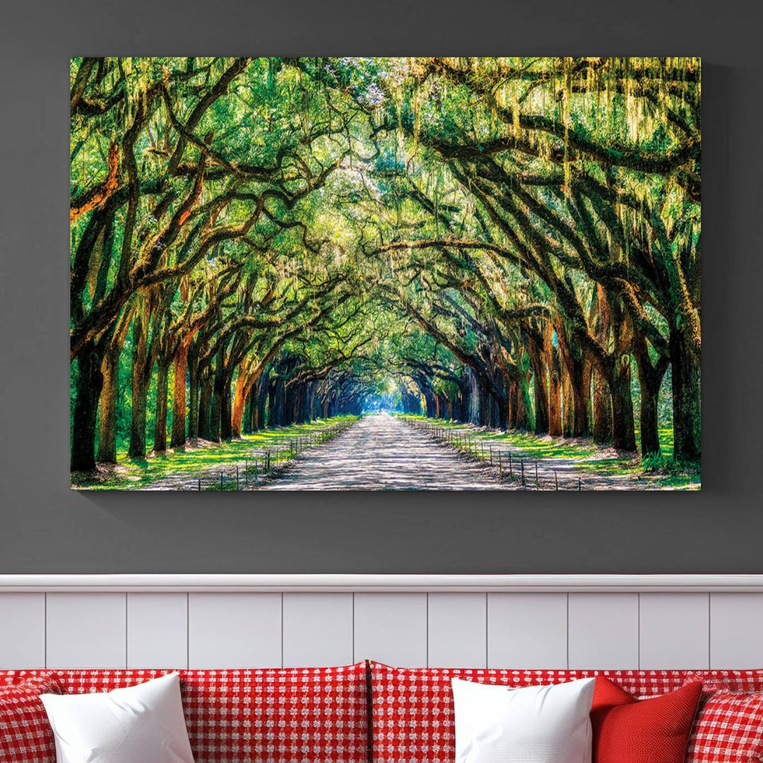 Serene Tree Tunnel Wall Art Canvas Print – Pathway Under Canopy of Lush Green Trees, Nature-Inspired Decor for Living Room – Ready to Hang