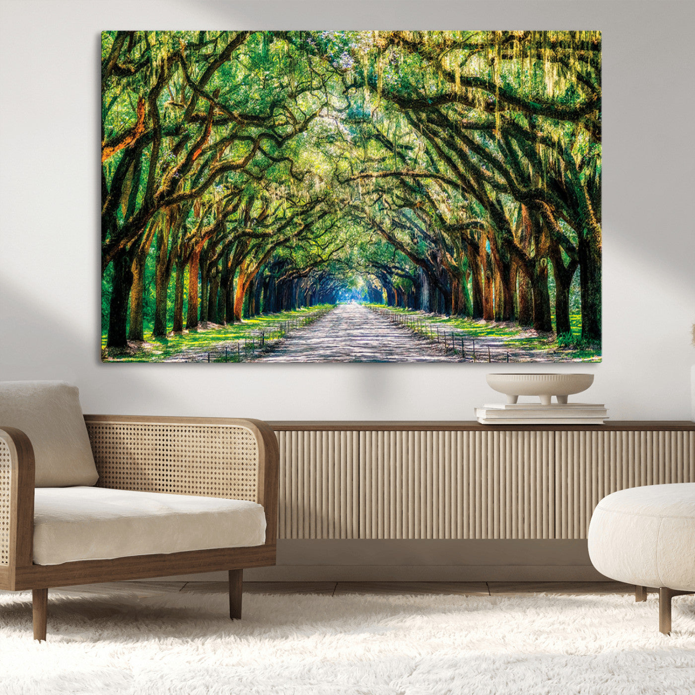 MGV-CV-36X24 - Serene Tree Tunnel Wall Art Canvas Print – Pathway Under Canopy of Lush Green Trees, Nature-Inspired