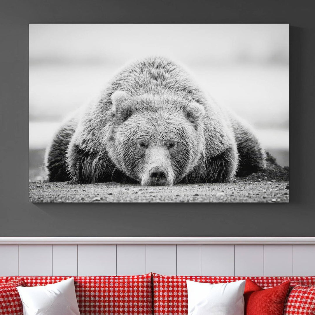 Resting Bear Wall Art Canvas Print – Majestic Lazy Black and White Wildlife Bear Art, Perfect for Nature-Inspired Home Decor – Ready to Hang