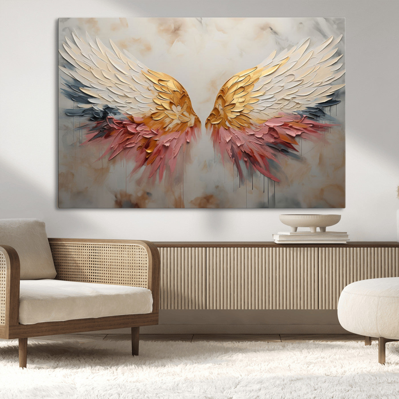 MGV-CV-36X24 - Golden Angel Wings Wall Art Canvas Print – Stunning Abstract Winged Art for Elegant Home Decor –
