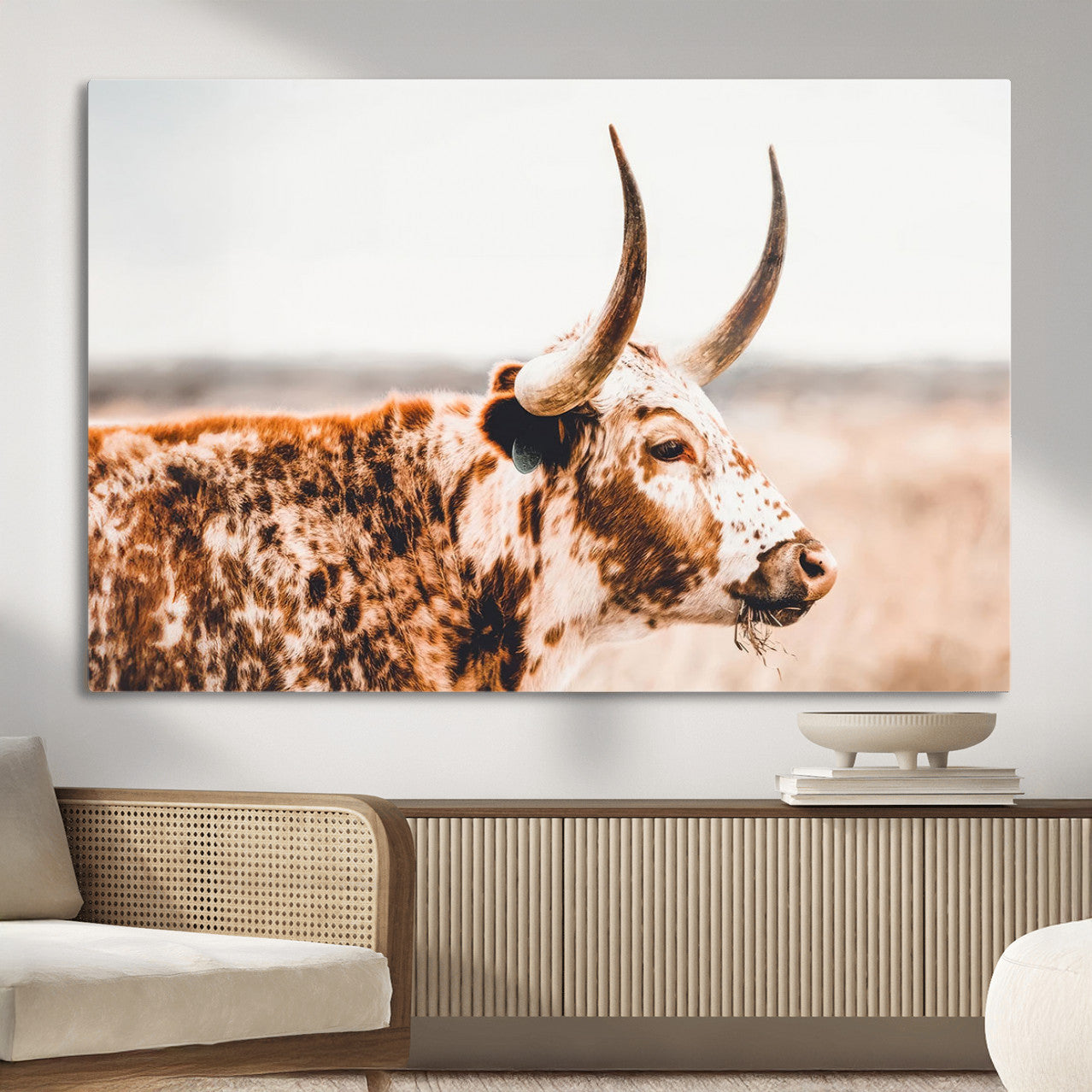 MGV-CV-36X24 - Speckled Bull Wall Art Canvas Print – Rustic Cow Longhorn Farmhouse Animal Decor – Western Longhorn