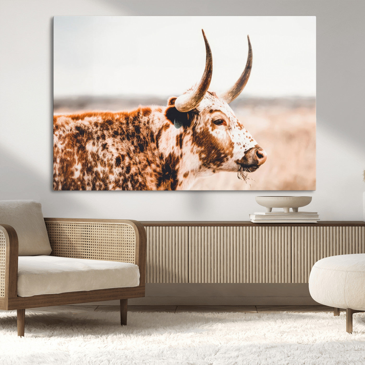 -Speckled Bull Wall Art Canvas Print – Rustic Cow Longhorn Farmhouse Animal Decor – Western Longhorn