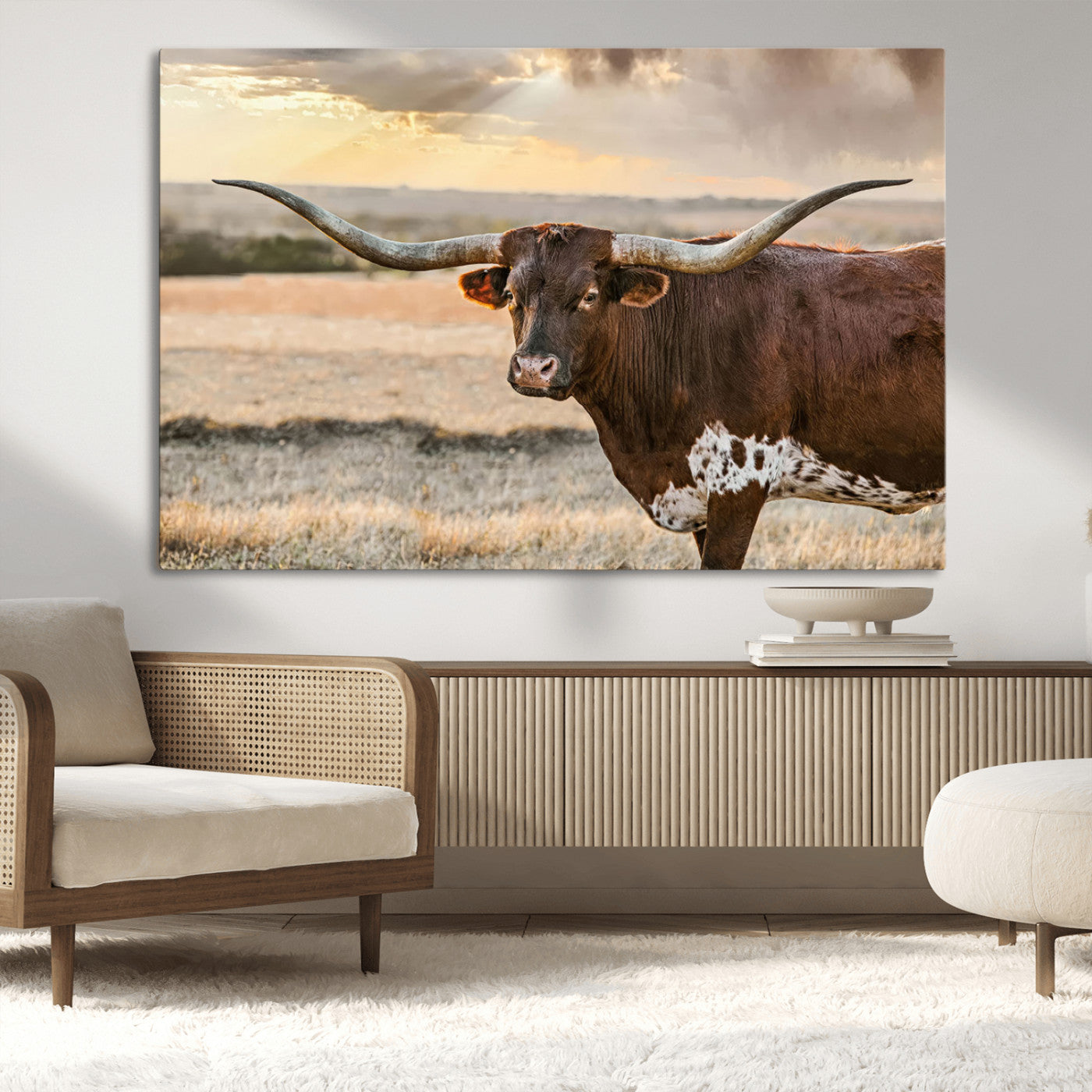MGV-CV-36X24 - Texas Longhorn Wall Art Canvas Print, Rustic Ranch Decor, Majestic Western Longhorn Cattle