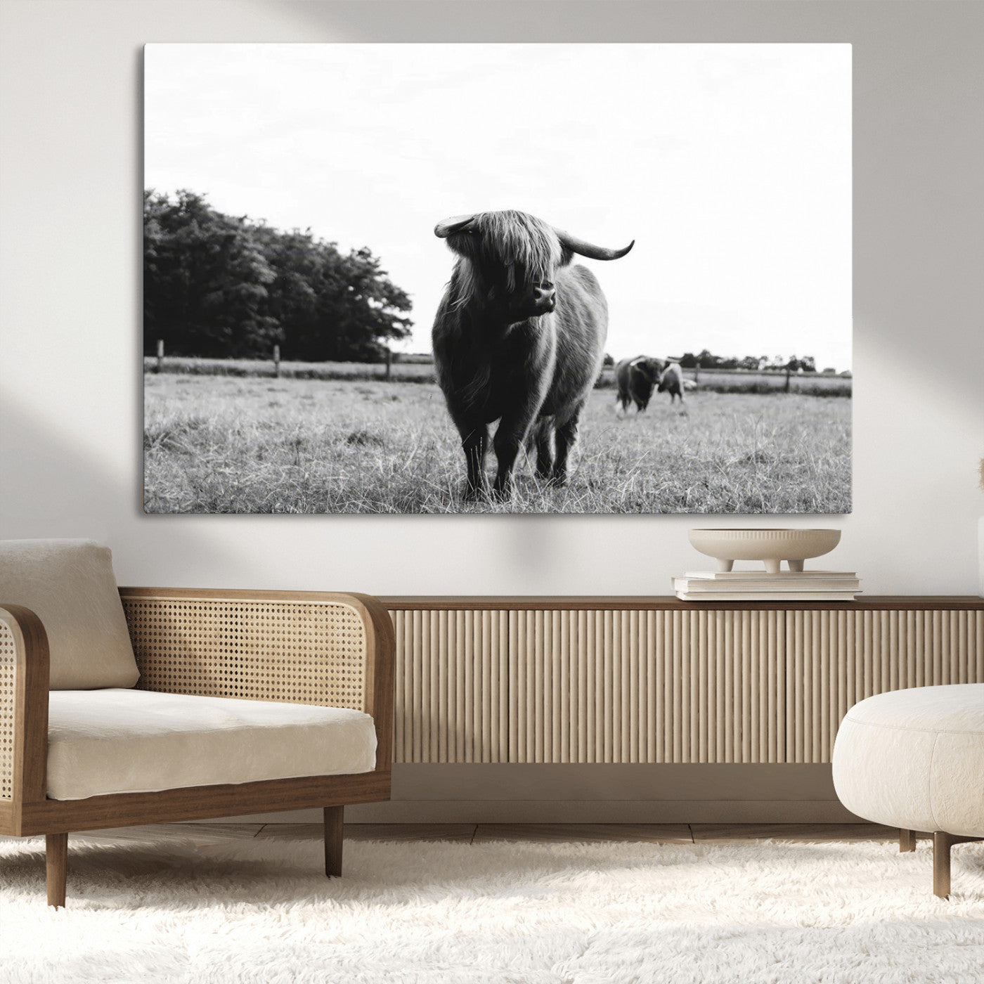 MGV-CV-36X24 - Black and White Highland Cow Wall Art Canvas Print | Rustic Western Decor for Living Room or Office,