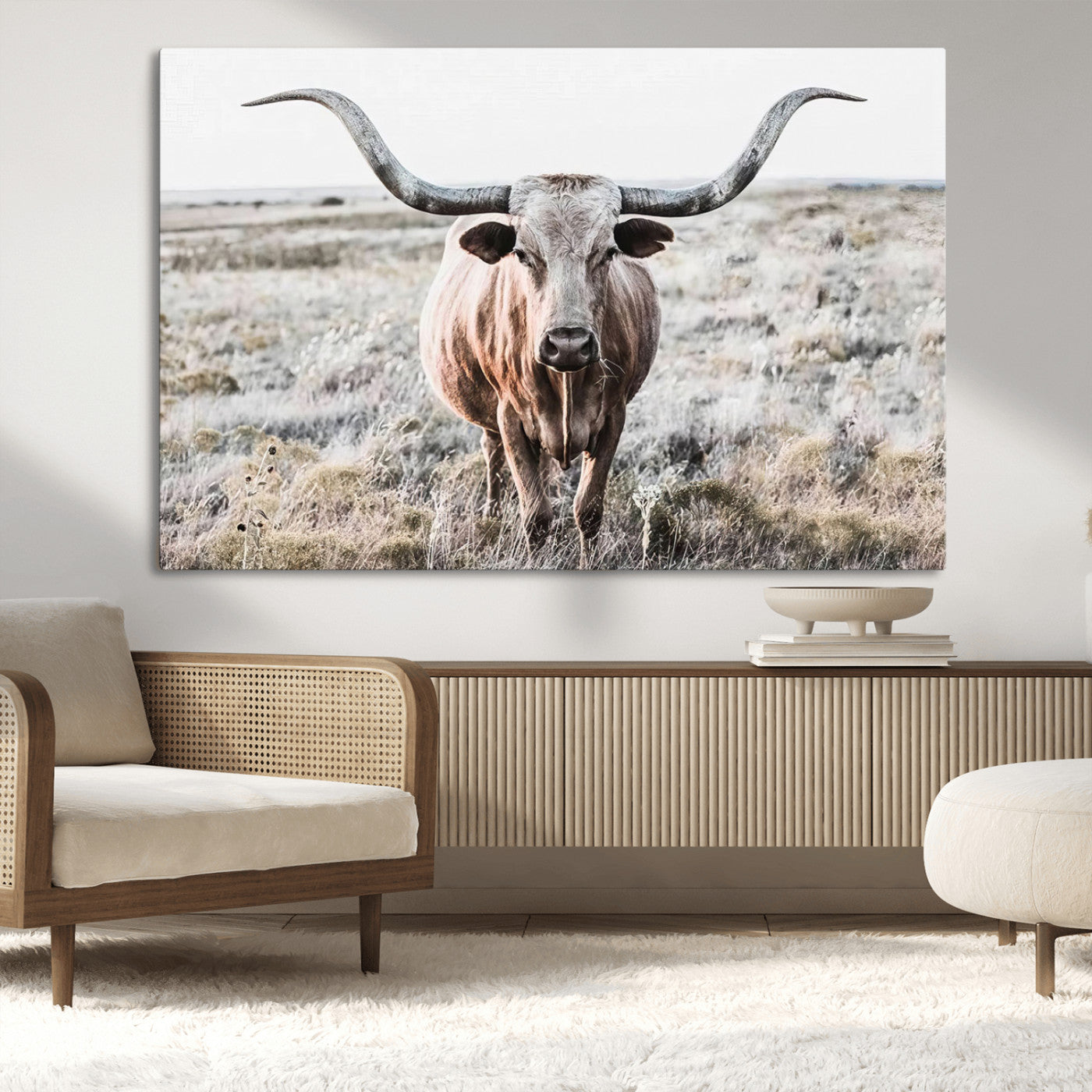 -Rustic Texas Longhorn Wall Art Canvas Print | Western Farmhouse Decor for Living Room or Office,