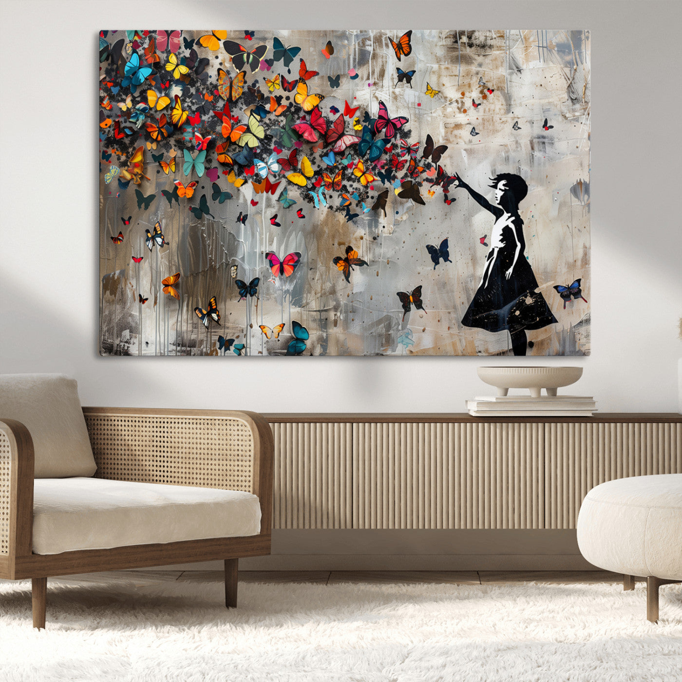 MGV-CV-36X24 - Banksy Wall Art - Banksy Girl and Butterfly Explosion Wall Art Canvas Print | Girl with Butterflies