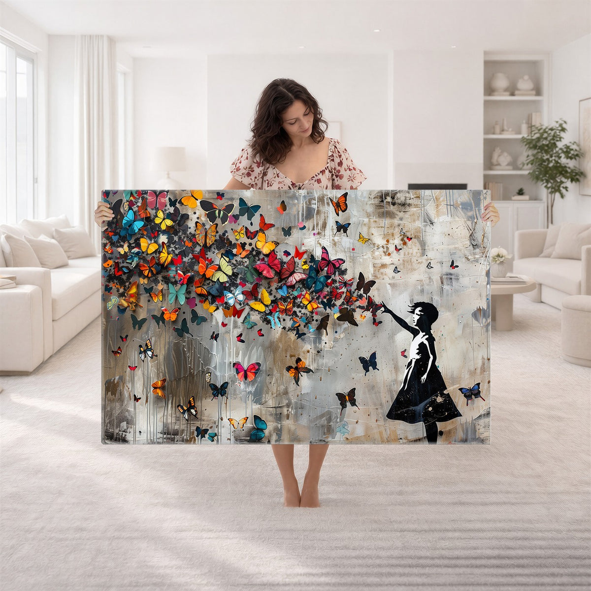 Banksy Wall Art, Banksy Girl and Butterfly Explosion Canvas Print | Extra Large 3 Piece Best Seller Wall Art