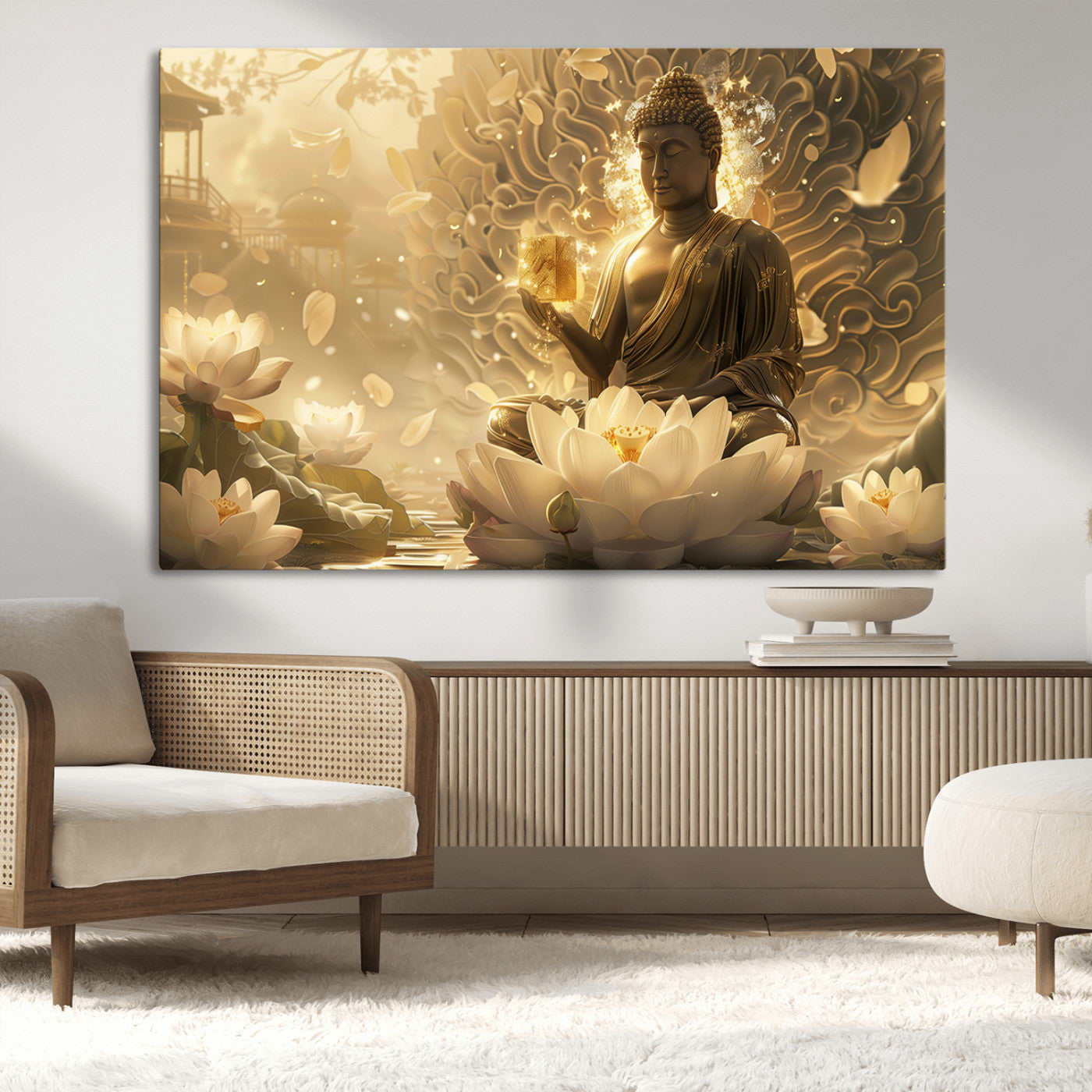 MGV-CV-36X24 - Golden Buddha Wall Art | Yoga Room Decor and Meditation Room Wall Art | Framed and Ready to Hang
