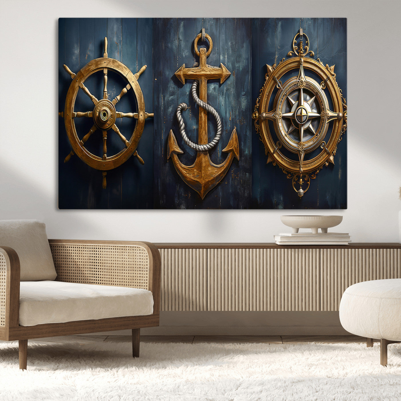 MGV-CV-36X24 - Boat Anchor Compass With Rope Wall Art Canvas Print | Beach House Wall Art