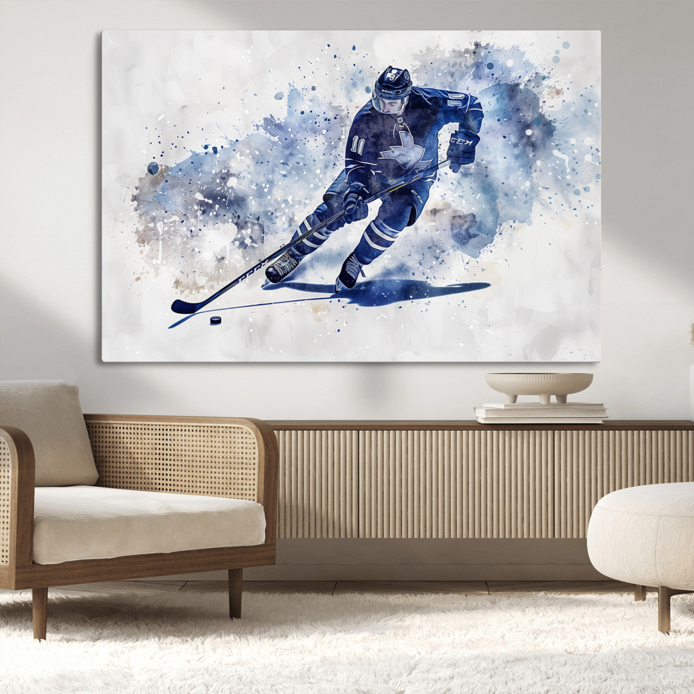 MGV-CV-36X24 - Hockey Player Wall Art Canvas Print - Sports-Inspired Watercolor Decor - Ready to Hang