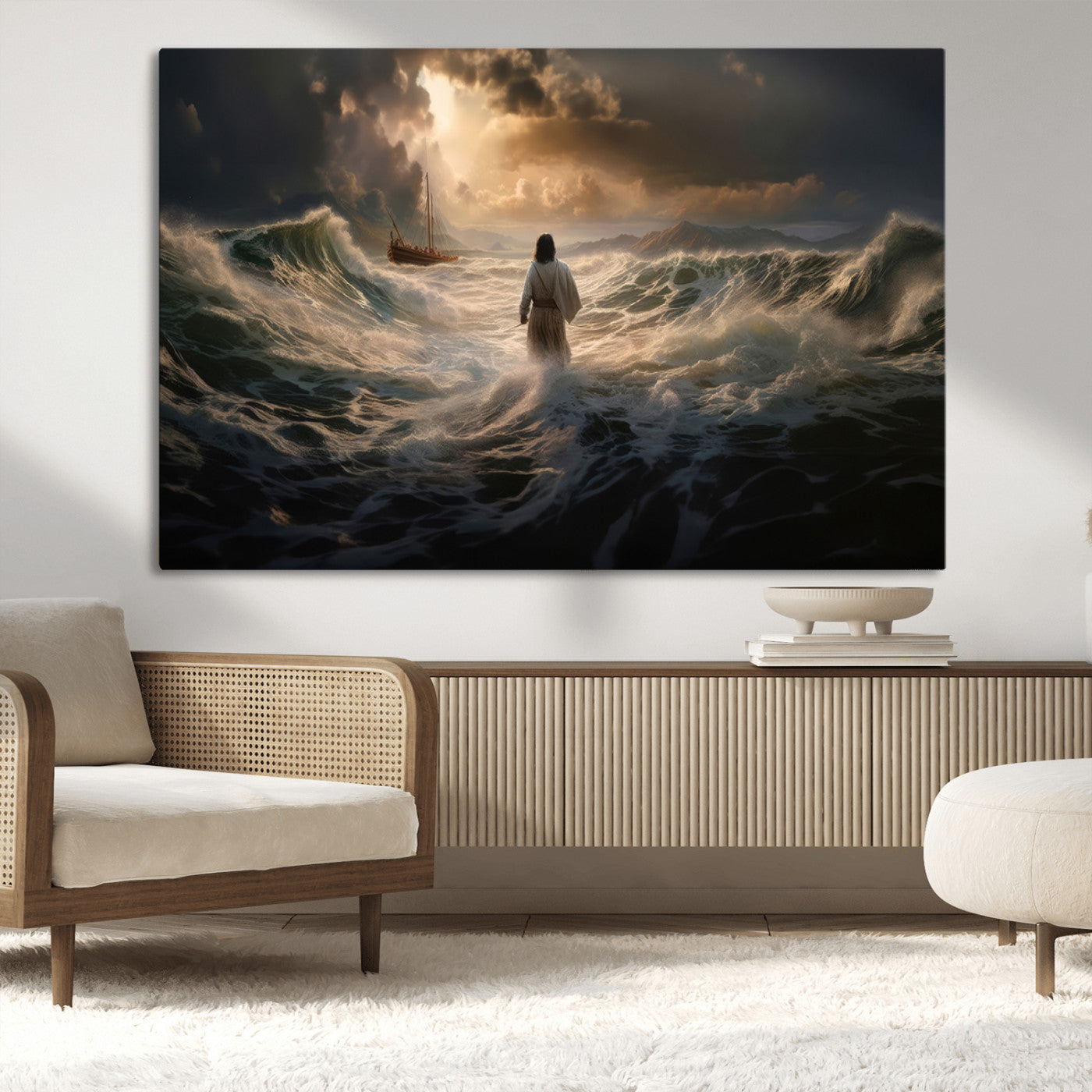 MGV-CV-36X24 - Jesus Walking on Water Wall Art Canvas Print - Religious Spiritual Decor - Jesus Wall Art Canvas