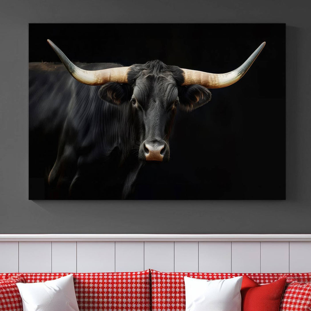 Texas Longhorn Cow | Majestic Black Bull Wall Art Canvas Print - Farmhouse Animal Decor - Ready to Hang