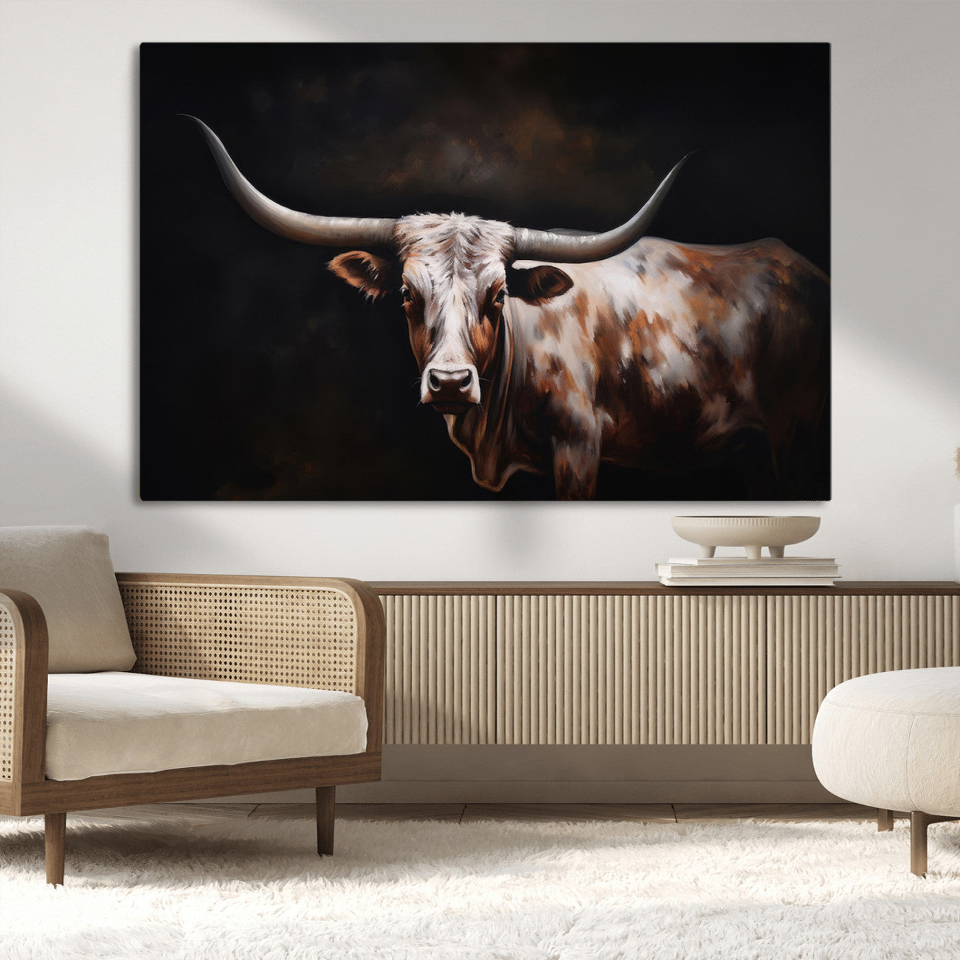 82543-MGV-CV-36X24-Texas Longhorn Wall Art Canvas Print | Western Ranch Decor | Bold Rustic Cattle Artwork | Ready to