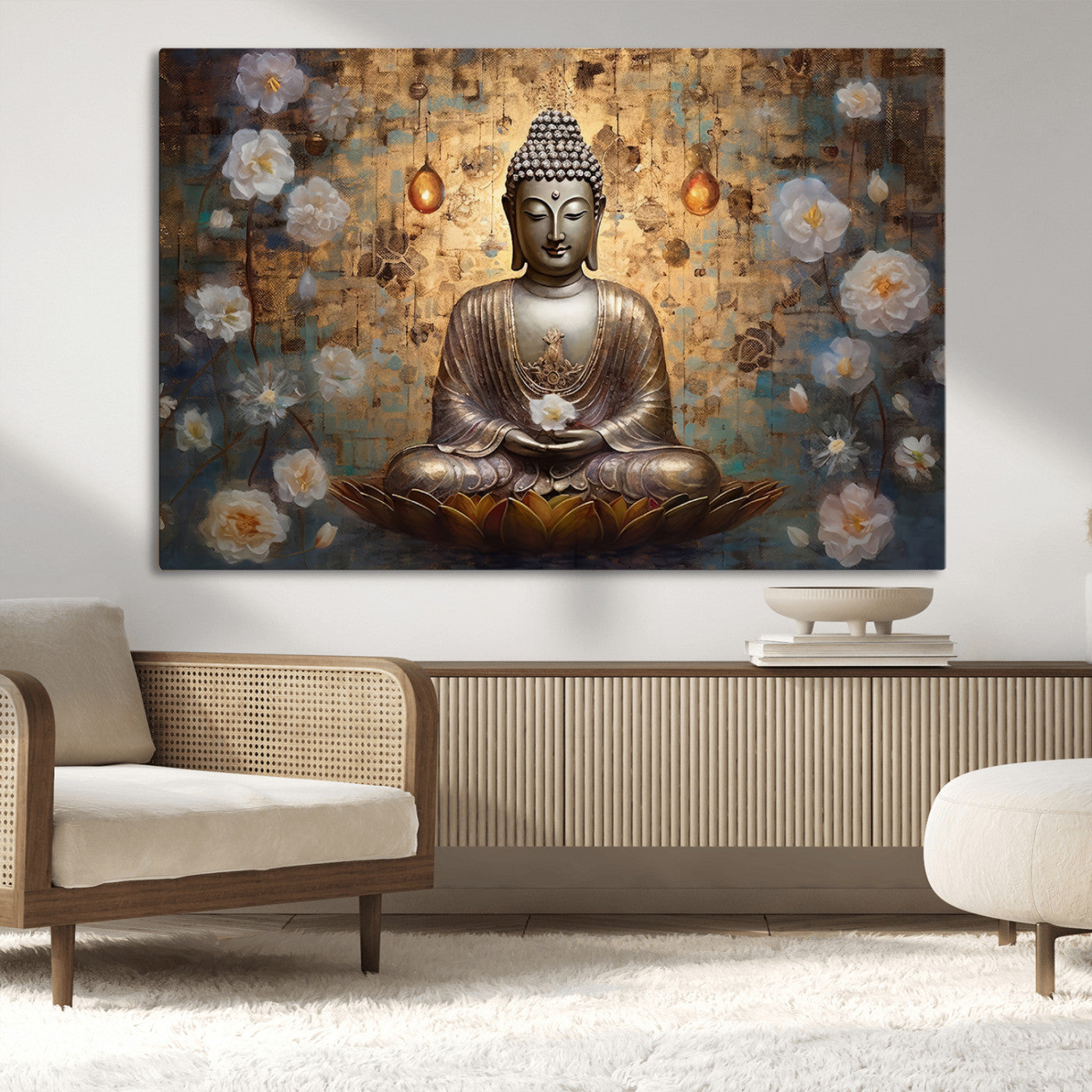 MGV-CV-36X24 - Golden Buddha Wall Art Canvas Print | Zen Meditation Floral Decor | Tranquil Spiritual Home Art |