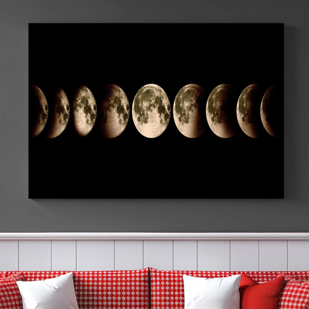 The "Phases of the Moon Wall Art" canvas print elegantly hangs on the wall.