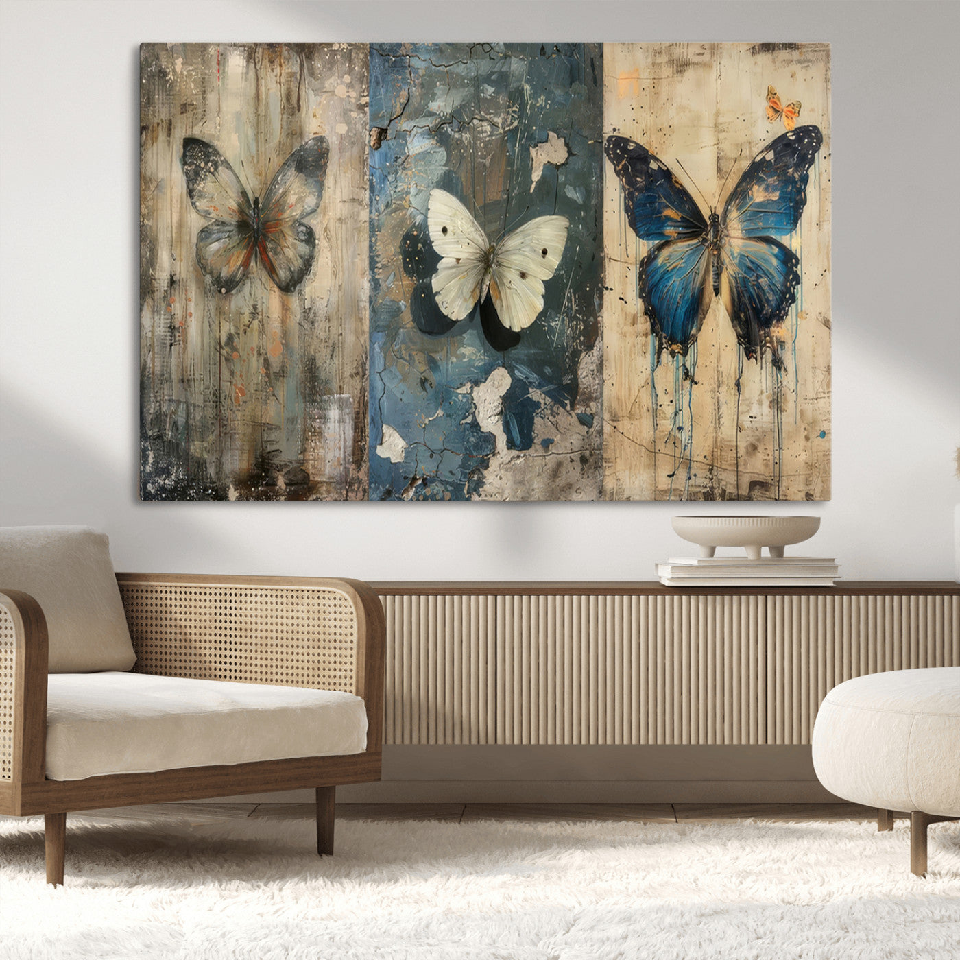 MGV-CV-36X24 - Butterfly Wall Art Trio | Vintage Butterfly Canvas Print | Ready to Hang Framed Artwork for