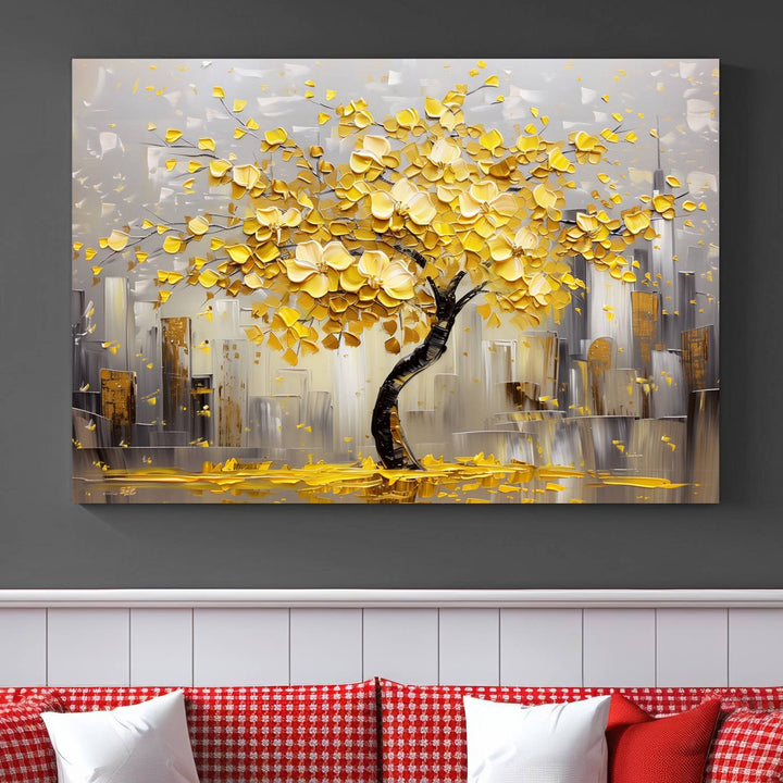 A framed canvas print from the "Golden Tree Canvas Print | Abstract Wall Art for Modern Homes | Ready to Hang Framed Artwork" collection hangs elegantly against the dark wall, epitomizing exquisite abstract wall art.