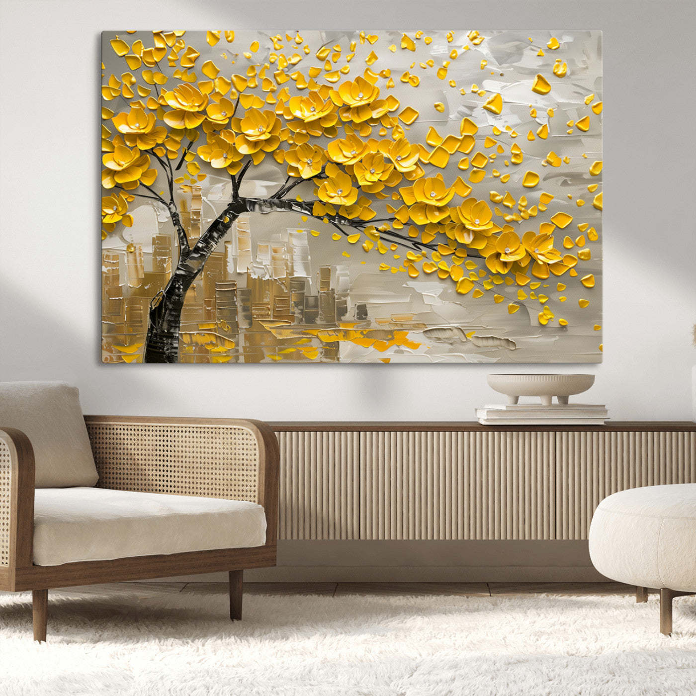 MGV-CV-36X24 - Yellow Blossom Tree Canvas Wall Art - Floral Abstract Modern Contemporary Artwork for Living Room or